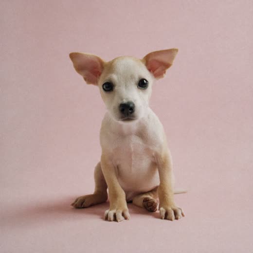 A small puppy sitting on a pastel backdrop after its first groom